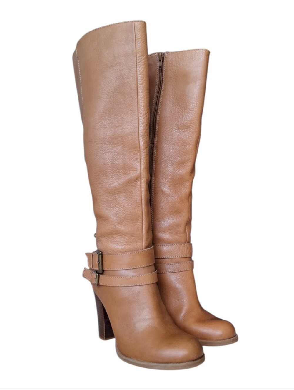 Nine West Habitat Leather Knee High Boots Brown Cognac Buckle Heel 8.5M